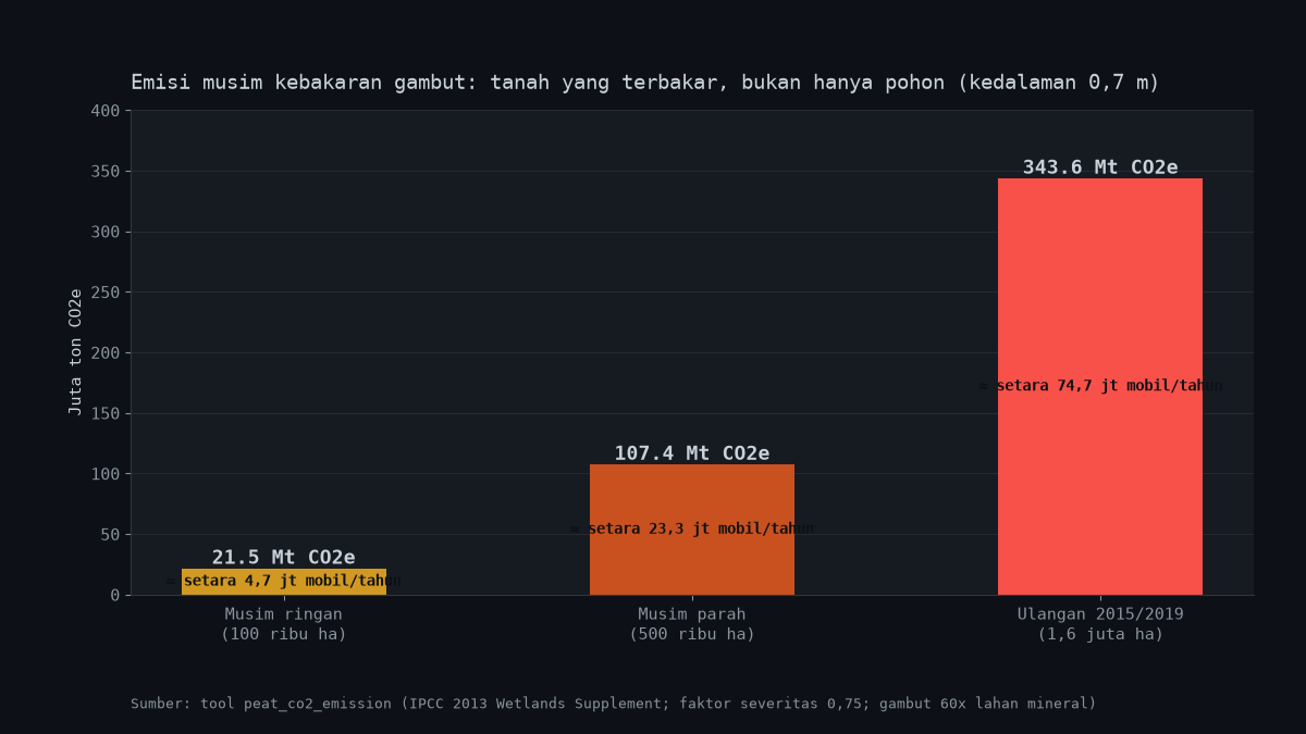 Bar chart of peat fire CO2e scenarios: 21.5 million tons for a mild 100,000 hectare season, 107.4 million for a severe 500,000 hectare season, 343.6 million tons for a 2015/2019-scale 1.6 million hectare season